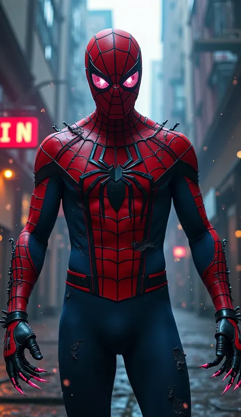 creates an ultra-realistic cyberpunk 4k style image of Spider-Man and Freddy Krueger merged together, creating a nightmarish Spider-Man. His costume combines Spider-Mans red and blue colors with the dark, torn design of Freddy Kruegers jersey. Instead of t...