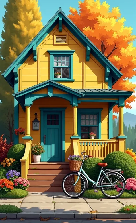 Create a vibrant illustration of a charming yellow house with turquoise accents, surrounded by lush autumn trees. A bicycle with a wicker basket rests against the house, and colorful flowers bloom abundantly in the garden. Capture the warm, inviting atmosp...