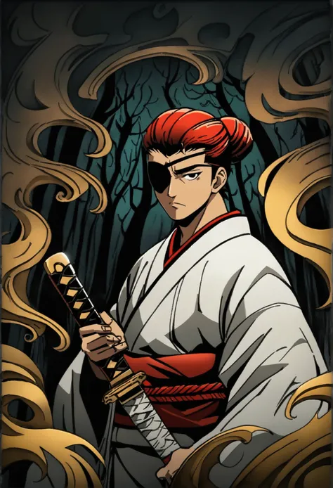 ((Artwork)), (8K), (anime style), 1 oriental man, red samurai bun hair, brown iris color, medium nose, wearing a black eye patch on his left eye, wearing white kimono with golden waves with black details, holding katana. Steady pose, serious look, ((Dark f...