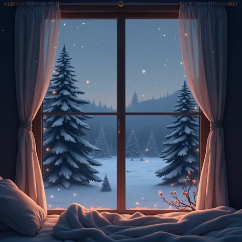 WINDOW WITH CURTAINS AND PINE BACKGROUND OUTSIDE AND SNOW AT NIGHT