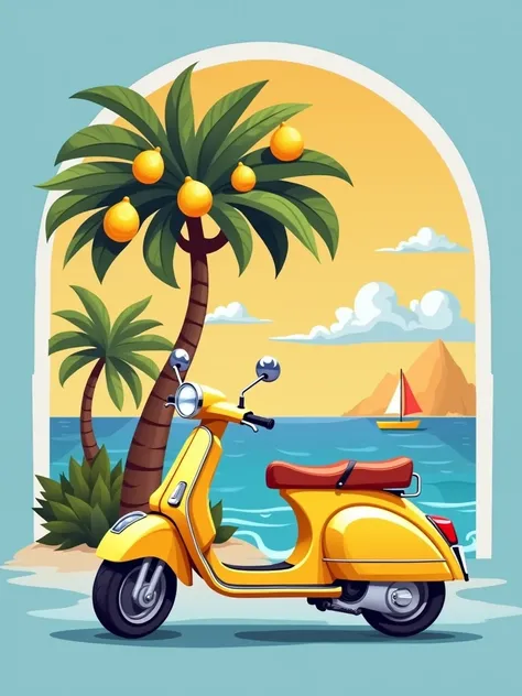 Create a vibrant illustration of a yellow scooter parked next to a lush lemon tree, with ripe lemons hanging from the branches. In the background, a tranquil seaside view features gentle waves and a sailboat on the horizon. Use warm colors to evoke a sunny...