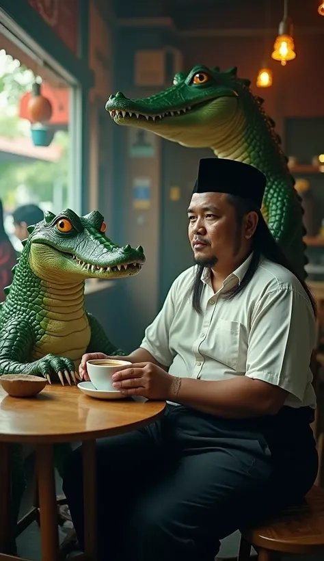 cinematic portrait of an Indonesian man with a Java body, fat body, clean face and long, straight hair wearing a black skullcap typical of Indonesian Muslims, white shirt, black cloth sarong wrapped around his waist to his knees, seen sitting enjoying coff...