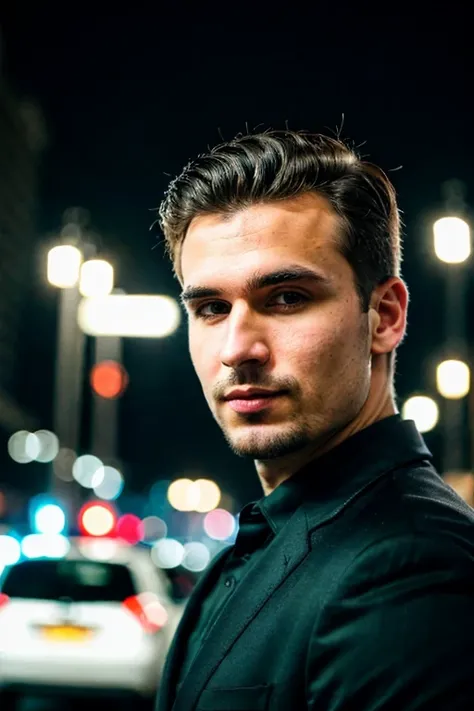 closeup face photo of caucasian man in black clothes, night city street, bokeh