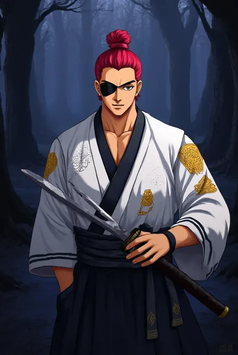 ((Artwork)), (8K), (anime style), 1 oriental man, red samurai bun hair, brown iris color, medium nose, wearing a black eye patch on his left eye, wearing white kimono with golden waves with black details, holding katana. Steady pose, serious look, ((Dark f...