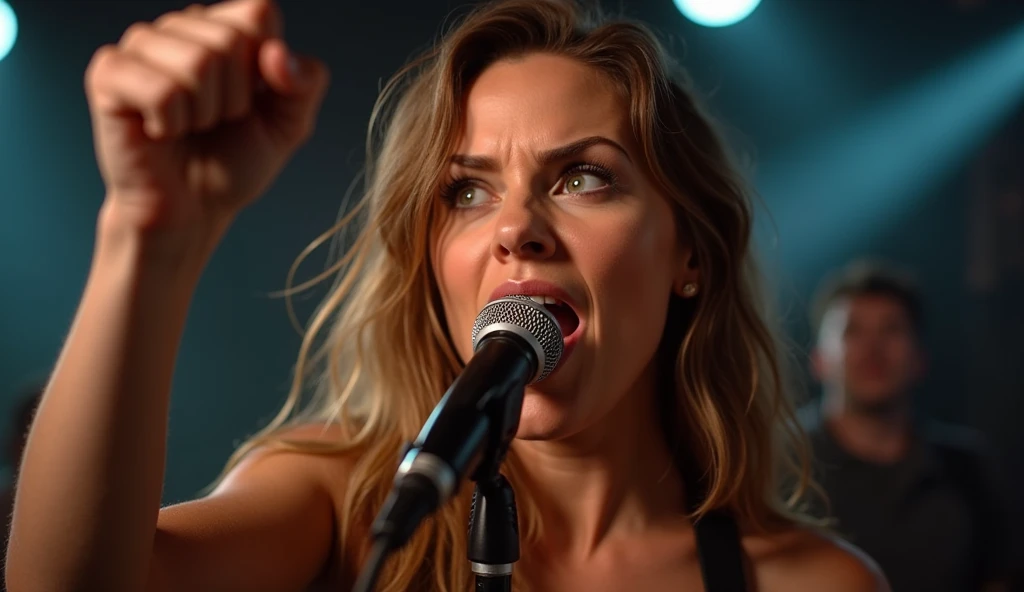 A close-up of a female singer standing at the microphone, her fist raised high as she belts out the lyrics. Her intense gaze and raw emotion reflect the passion of rock. The lighting focuses on her face, and her hand gripping the microphone is highlighted....