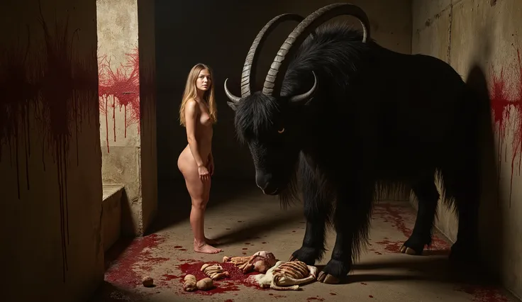 "(the best lighting,  high contrast, dark, dramatic),( Blonde girl next to a giant black goat, Open the rib cage, fetus, autopsy, human bones, blood on the walls). Light Caravaggio"