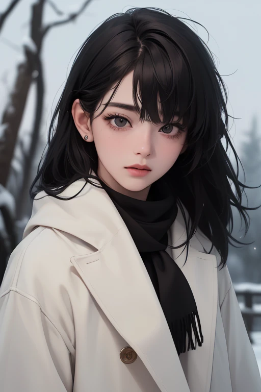 upper body, (((masterpiece)), best quality, 8K resolution, Semi-realistic, cinematic lighting, beautiful detailed eyes), above view, cute, 1 woman,korean,25-year-old,((Blunt bangs)) medium straight hair, black eyes, digital art,detailed clothes, ((winter n...