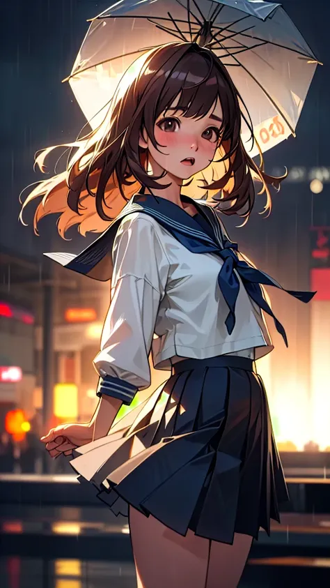 a slender petite japanese schoolgirl in a sailor uniform, caught in a heavy rainstorm in downtown tokyo, her long brown hair in a bob cut hanging down, surprised expression focused downward revealing her panties blown up by the wind, highly detailed, reali...