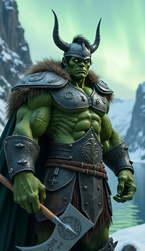 
A hyper-realistic depiction of a Norwegian Hulk warrior, standing with immense power and confidence. His muscular, green body is defined by highly detailed, textured skin, with visible veins, pores, and slight imperfections, giving it a lifelike and battl...