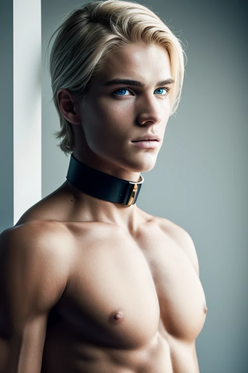 18 year old young man naked, showing his ass, with leather collar, white skin, extremely pale skin, blonde boy, european boy, blonde hair, nordic young boy, nordic blonde, handsome supermodel, young greek god, sublime beauty, delicate facial features, beau...