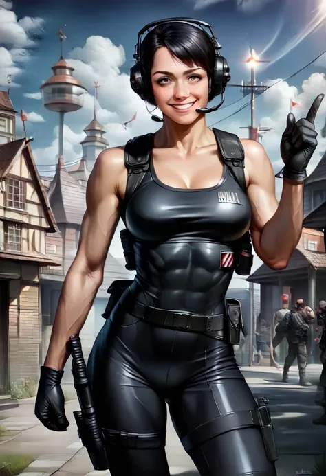 ( one woman),((A female SWAT member is saluting with her right hand:1.5)),((The left hand is straight)),(( black tactical bodysuit with advanced technology :1.5)),((Black special forces equipment :1.5)),((Black headset:1.5)),((Black Tactical Holster:1.5)),...