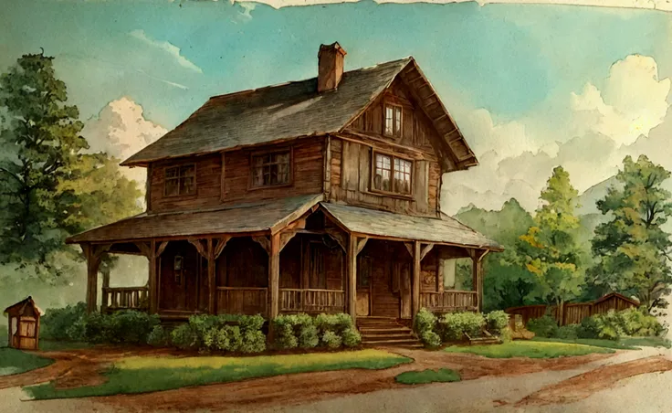 Vintage old wood house, best quality, 4k resolution, watercolor sketch, 