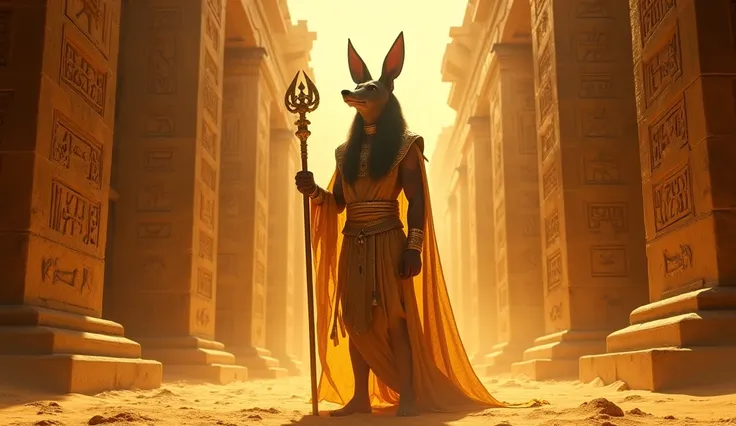 A majestic scene of Anubis, the ancient Egyptian god with a jackals head, standing tall amidst golden sands and towering temples. The background features intricate hieroglyphs carved into ancient stone walls, and an ethereal glow surrounds Anubis as he hol...