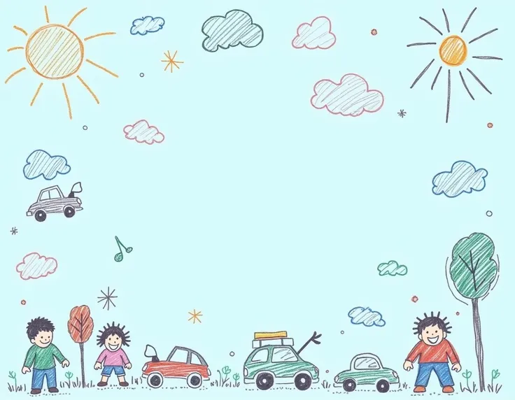 create an image for me to print and stick on a wall, it needs to have a light blue background with drawings on the front of rens toys drawn in scribbles by a such as dolls, cars, clouds, sun and trees