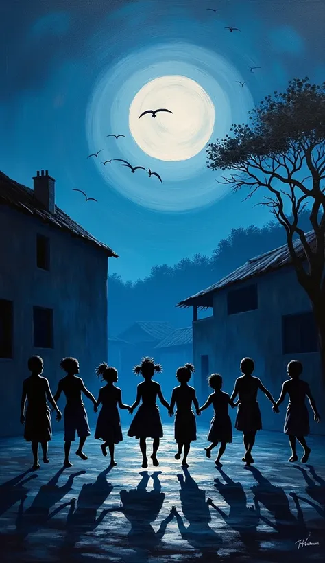 ink inticating oil painting, showing : des enfants malagasy africains qui jouent  au pleine lune, dans la cours dun villge malagasy, les enfants forment un cercle en se tenant la main par la main, use only dark blue, black,and white, oil painting silhouet,...