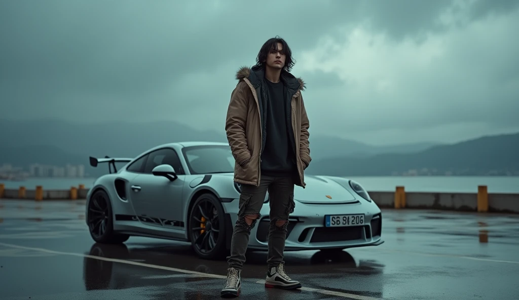 side view .  A handsome Korean man with long hair , wearing a winter parka jacket ,  torn trousers and sneakers ,  is sitting down in front of a Porsche RWB ,  in a wet parking area like water ,  with a beach background ,  the dark cloudy sky looks like a ...