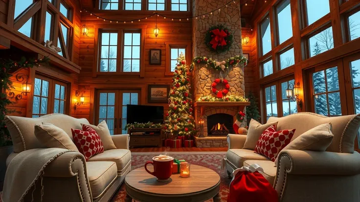 from below, angle shot from below,  a giant living room interior inside wooden house  with a Christmas theme.
  The room features a large stone fireplace with a crackling fire, decorated with a garland of green leaves, red roses, and fairy lights. A beauti...