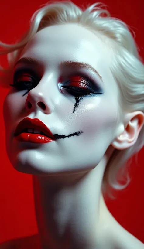 A hauntingly Harley Quin surreal close-up portrait of a pale, androgynous figure with sharp, otherworldly features. The skin is ghostly white with an almost chalky texture, appearing smooth yet unnervingly lifeless. The face is painted with smeared, harley...