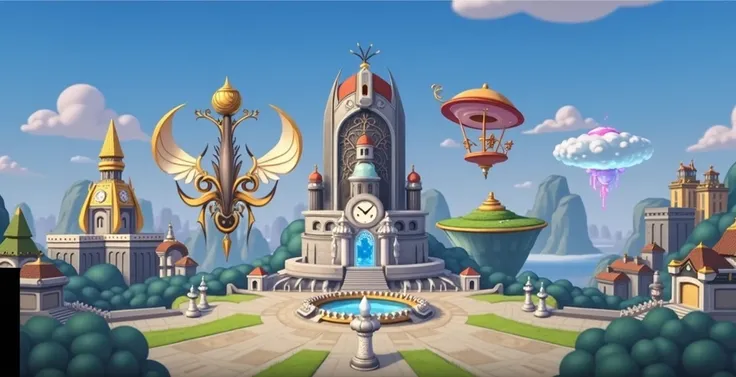 a close up of a cartoon city with a clock tower, arena background, palace background, light kingdom backdrop, odins stone arena background, flying citadel with towers, futuristic palace, fantasy world concept, fortress mega structure city, mobile game back...