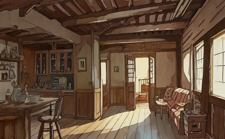 Vintage old wood house interior, best quality, 4k resolution, watercolor sketch, 