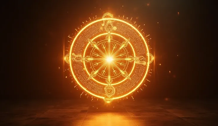 A glowing circular mandala with intricate geometric patterns, floating mid-air in a dark room. Symbols pulse with golden light as the words of the Shabar Mantra appear one by one, surrounded by faint ethereal energy waves. The background slowly shifts betw...