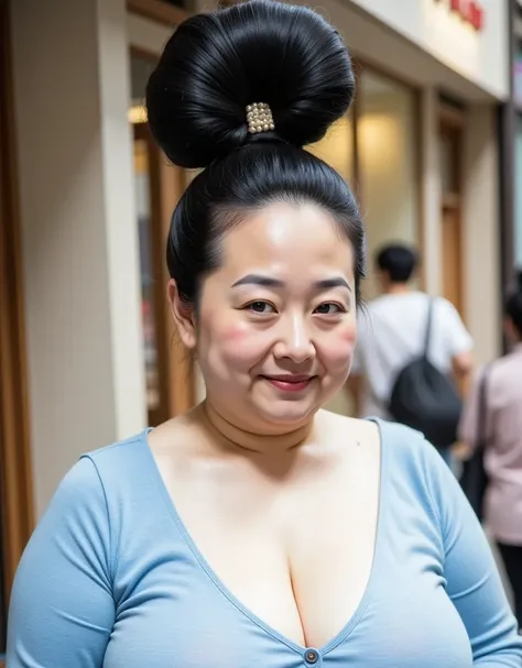 8k,Best Quality, masterpiece,  super high definition,(masterpiece:1.6, Best Quality),  intricate detail , 1 female, Middle-aged woman in her 50s, Japanese, full body,On the head,(( huge bun hair , Big Hair Bun :1.５)), (( Jet Black Hair )) ,((amount:1.5)), ...