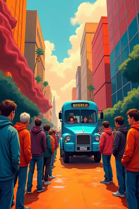  An expressionist and colorful scene that shows a group of people waiting in an urban location for a vehicle known as a donkey,  that functions as internal transport .  The whereabouts are surrounded by abstract landscapes ,  combining modern buildings and...