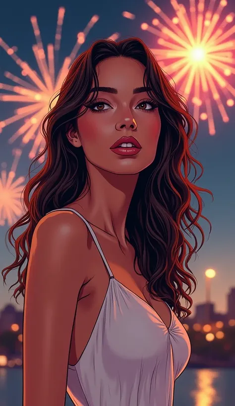 DISCREET image. with casual and discreet clothes. adult image, american woman. she is celebrating the new year with fireworks in the background. with a discreet white dress. discreet. comic book style. IMAGES WITH VIBRANT COLORS. FOCUS ON THE FACE.