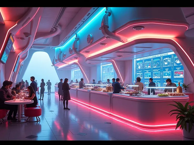 more futuristic and galactic color canteen and coffee place designs and add more future design alike interior