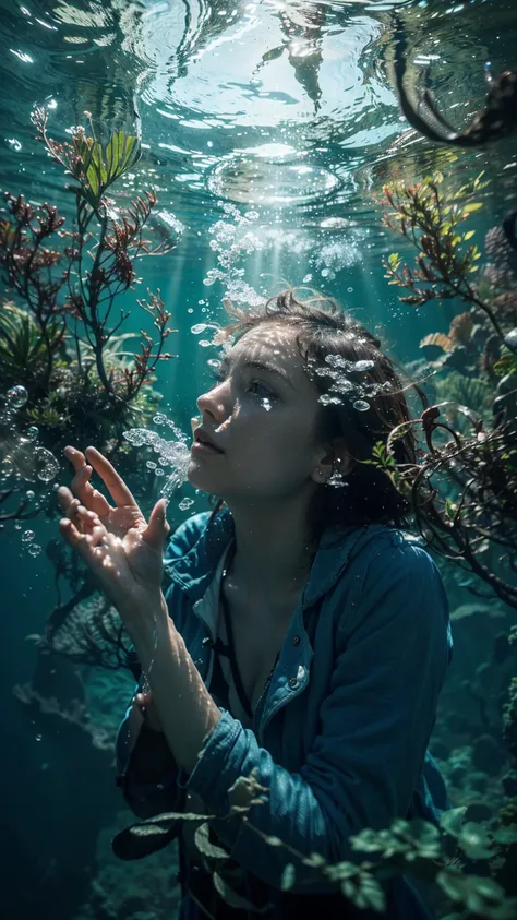 4D realistic Image a dramatic underwater bluish tone scene featuring pretty woman,  look at the side, water bubbles from her lips, wearing blue jeans  jacket, submerged and struggling within swirling currents and tangled vegetation. The scene is illuminate...