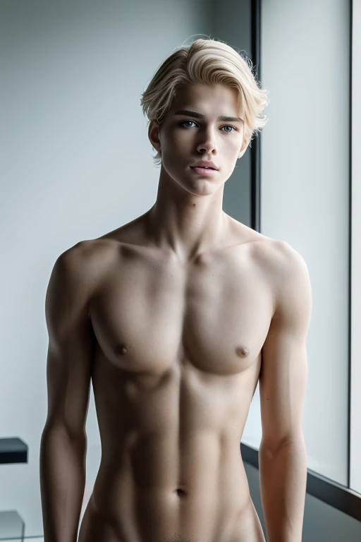 18 year old young man naked, turning his back, white skin, extremely pale skin, blonde boy, european boy, blonde hair, nordic young boy, nordic blonde, handsome supermodel, young greek god, sublime beauty, delicate facial features, beautiful facial feature...