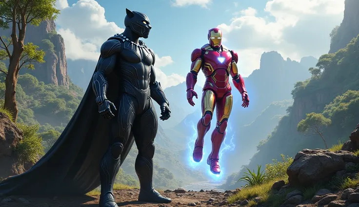 Create Black Panther alongside Iron Man and the background landscape is Wakanda