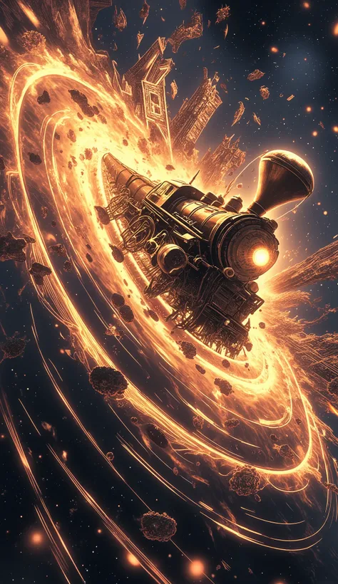  science fiction , realistic.  bright shadow of a steampunk train flying in cosmic space in a very spiral and dynamic way,  breaking and crashing against many layers of dimension ,  with many beautiful traces of spiral light . many historical landmarks in ...