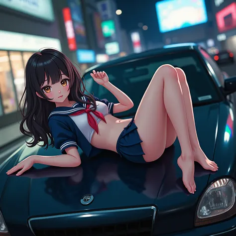 Realistic, Live-Action, (XLabs F.1 Realism LoRA V1), ExtremeAngle, ExtremelyDetailed Illuminated JK Lying on the Car,  Spread Knees Up, Leggy Pose, ClearlyVisible Shape of Public Area, Haunting Beautiful Reflective Eyes, Tiny Coronet, SailorUniform with Re...