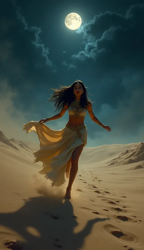 Cleopatra running through the desert a gloomy night.