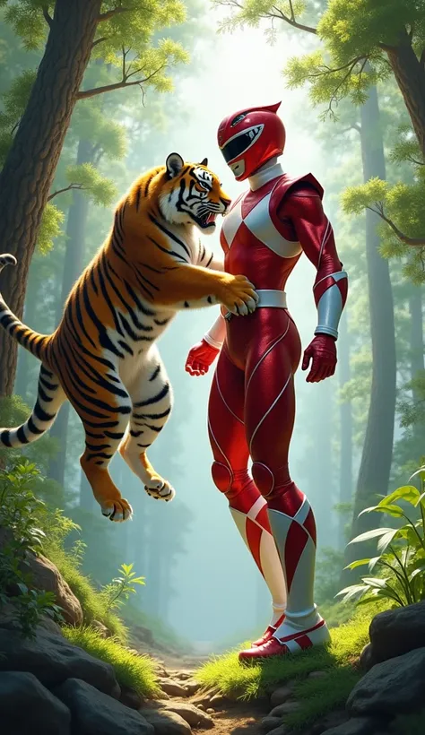 Give me an image of a red Power Rangers interacting with a tiger in the air, The background a forest of day 