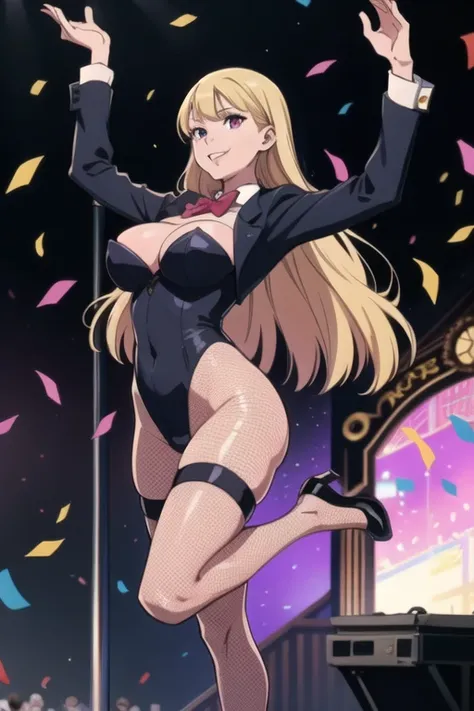 Selene, ftselenecas, long hair, blonde hair, pink eyes, mature female, large breasts, 1girl,solo,magic show,leotard,tailcoat,tophut,fishnet tights,highleg,red bowtie,arms raised,confetti,pigeons fly away,smile,pigeon toed,stage,spot light,best quality,high...