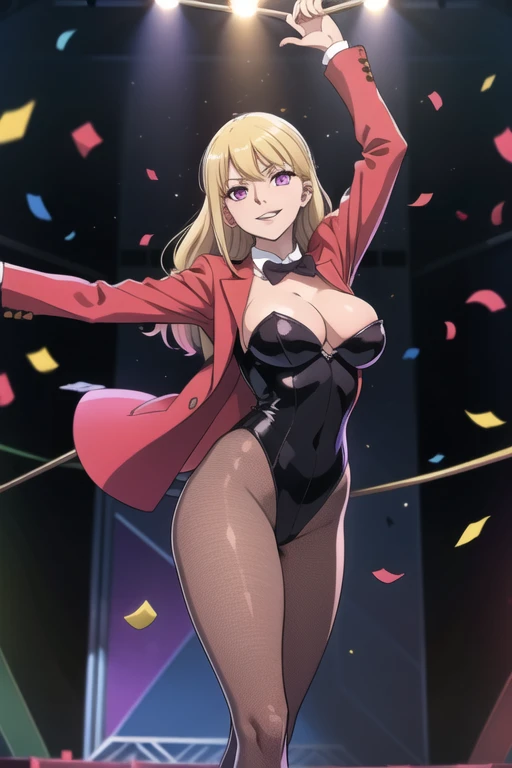 Selene, ftselenecas, long hair, blonde hair, pink eyes, mature female, large breasts, 1girl,solo,magic show,leotard,tailcoat,tophut,fishnet tights,highleg,red bowtie,arms raised,confetti,pigeons fly away,smile,pigeon toed,stage,spot light,best quality,high...