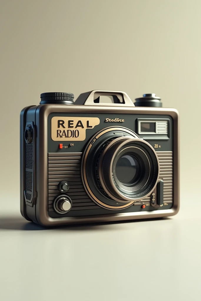 Give me an image of a camera and that says Real radio and that you can tell that it is not a single line but several lines 