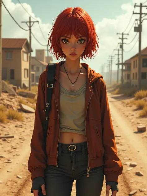 20-year-old girl with short red hair, big dark gray eyes and the perfect oval face, is rendered in a realistic style with sharp edges and a vivid atmosphere, stands in the middle of a desert road, dystopian world