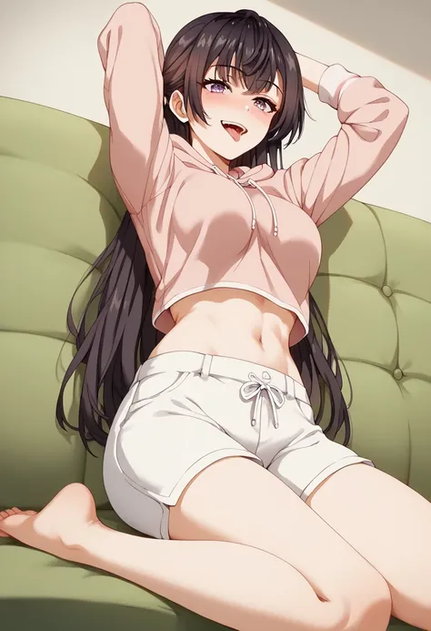 Score_9, Score_8_up, Score_7_up, ASCII masterpiece, source_anime, BREAK, 1girl, solo, yukisou, yukisou, long hair, bangs, brown hair, black hair , hair between the eyes, purple eyes, half up, medium breasts, pink hoodie, white shorts, sitting on a green so...