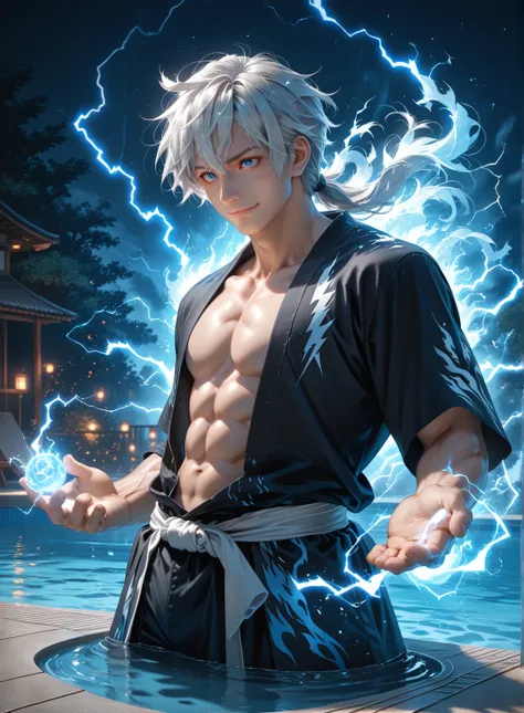 1boy, abs, aura, black shirt, blue eyes, blue fire, blue theme, electricity, energy, energy ball, fire, flame, glowing, hitodama, ice, japanese clothes, lightning, magic, male focus, muscular, pectorals, pool, shirt, silver hair, smile, solo, water, weapon...