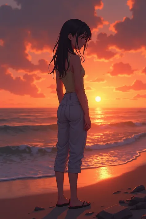 A girl who wear caports and she is in the beach looking the sunset with a sad feeling and depressed
