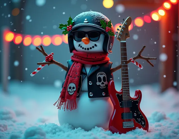 A Christmas snowman with a biker and rockstar style, featuring a black leather vest with silver studs and patches, dark sunglasses, and a red scarf with skull and flame patterns. The snowman has a spiked bracelet on one of its stick arms and a small electr...