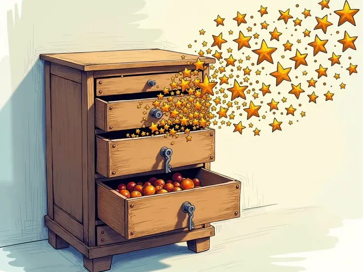  an image of the top drawer of an open cabinet with 4 or 5 drawers ,  with a key placed in the lock of the drawer , The key opened the drawer .... it is the only open drawer and a lot of symbolic elements such as stars or gifts come out of it like shots, c...