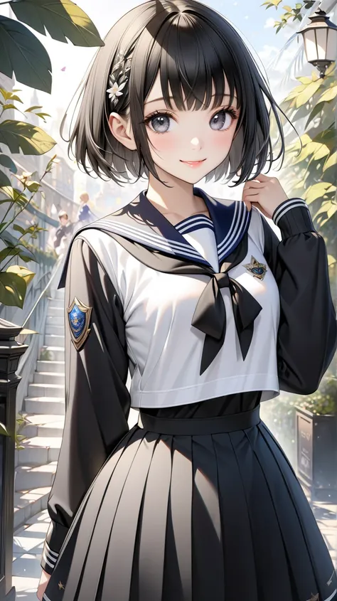 solo。
  realistic drawing。High image quality。 High Quality 。

 motif (
 pretty girl
）

face(
 smiles:0.8)。

eye(
Grey Eyes、
Interval :0.9、
Size:0.6
)。

hair(black、 straight、The side is a princess cut 、 and then a pixie cut:1.2)。

Costume（black、 sailor suit...