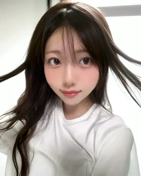 a close up of a woman with long hair wearing a white shirt, Yoshitomo Nara, Chiho,  Shiori Teshirogi, 🚿🗝📝, shikamimi,  kimi takemura, Harumi, narumi kakinouchi , sakimichan