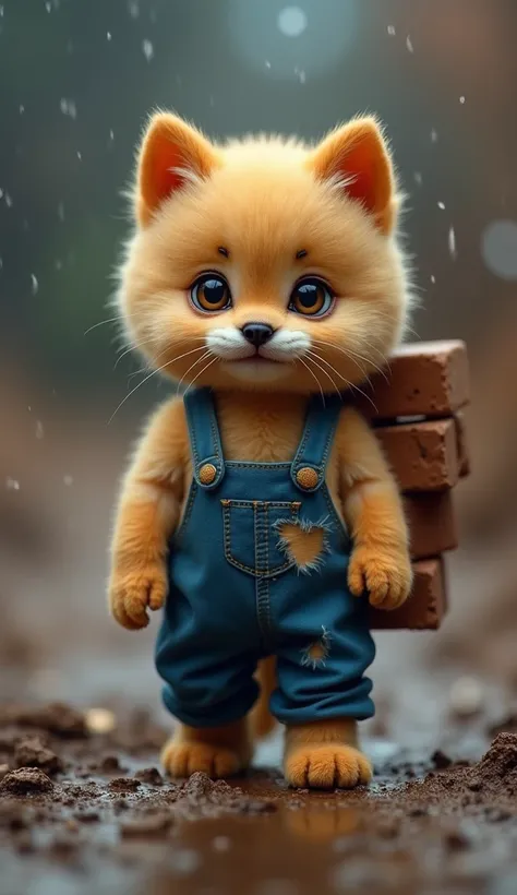  Create a touching high-resolution image of an extremely cute yellow puppy kitten with brown eyes ,  the kitten wears pants and a torn blue blouse and is in a construction with 3 heavy bricks on its back  ,The ground has a lot of mud and the climate is ful...