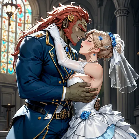 (( best quality)), ((masterpiece)), ( Details), （ perfect face）、Love each other at the gorgeous wedding hall Ganondorf and Ishihara Satomi in a gorgeous bridal gown passionately hug each other, give a deep kiss, love each other passionately, pledge eternal...