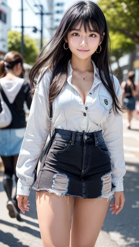  Masterpiece, best quality, 1 girl, cowboy shot, Beautiful Young Japanese Girls ,smile,(8 head and body),20 year old young girl ,( Harajuku Crowded Streets :1.2), white stylish blouse, Stylish Blazers , stylish cardigan , Stylish Shirts , Stylish Necklaces...